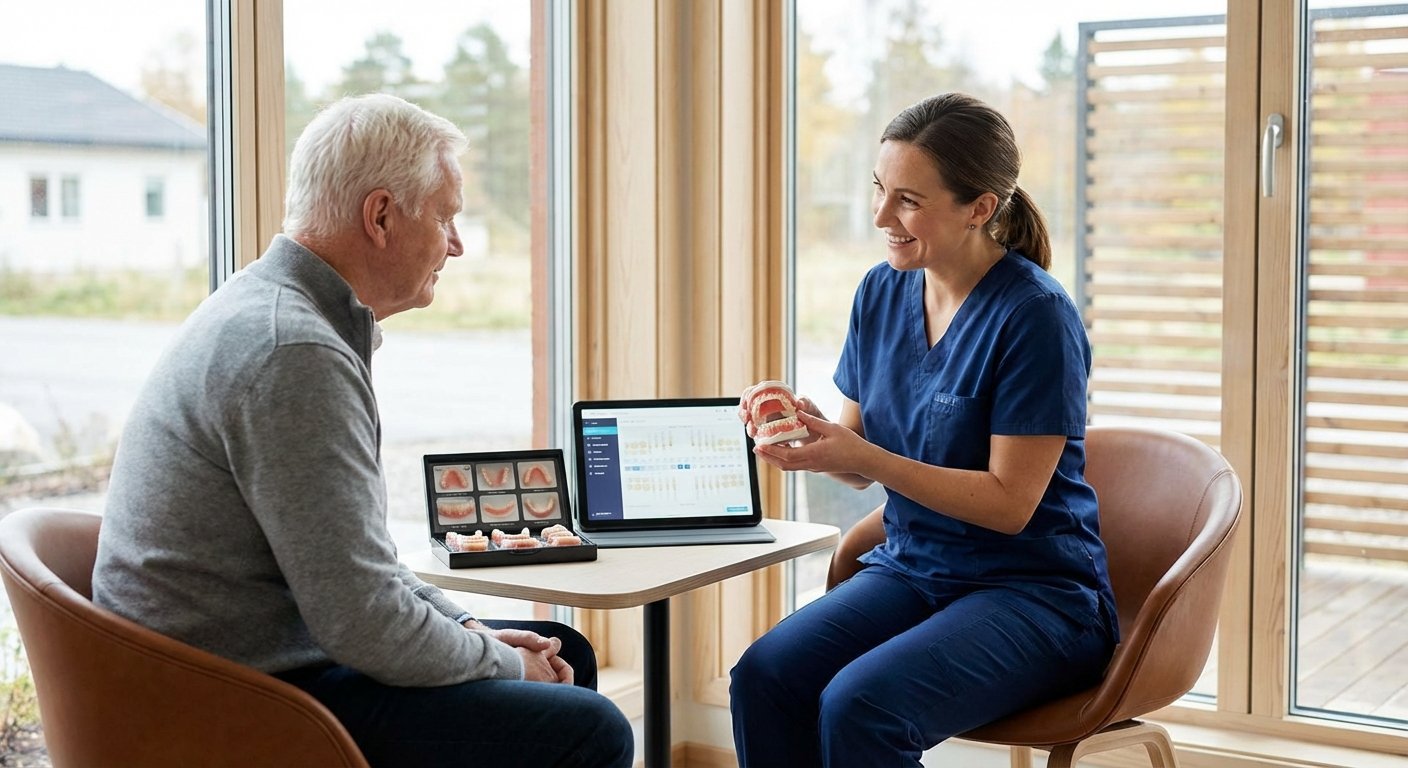 Dental assistant explaining denture options