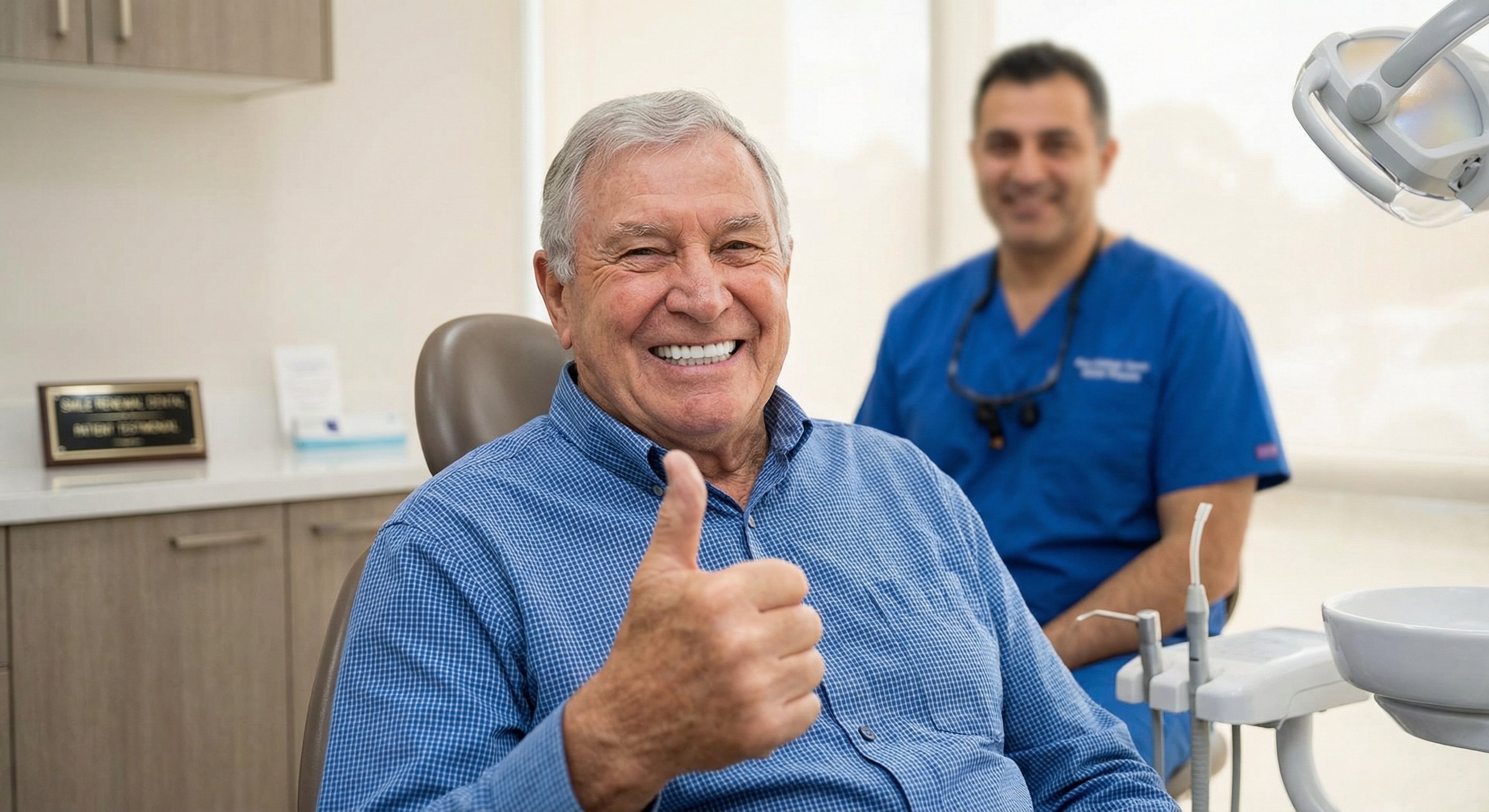 Happy patient with beautiful smile after dentures at Dr. Hartman Dentistry