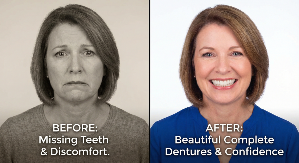 Before and after of woman who and dentures added to her mouth
