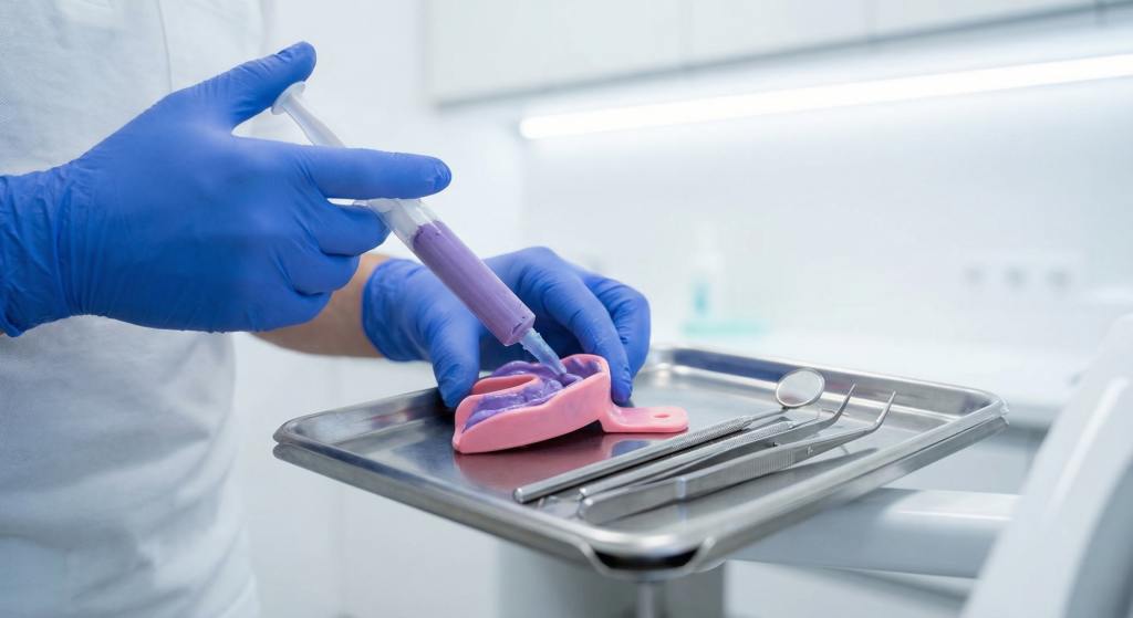 Dental impressions being made by a dental assistant before speaking with Dr. Hartman