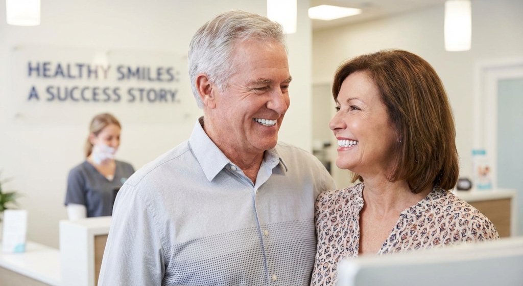 Happy patients after receiving same-day dentures