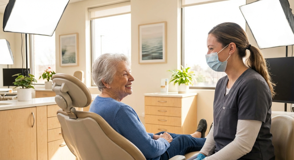 Older lady receives dentures and is speaking to her dental assistant